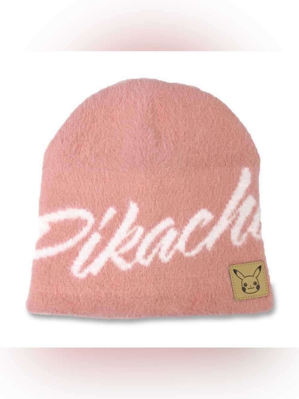 Pink Pokemon Beanie Hat with White Script and Pikachu Patch